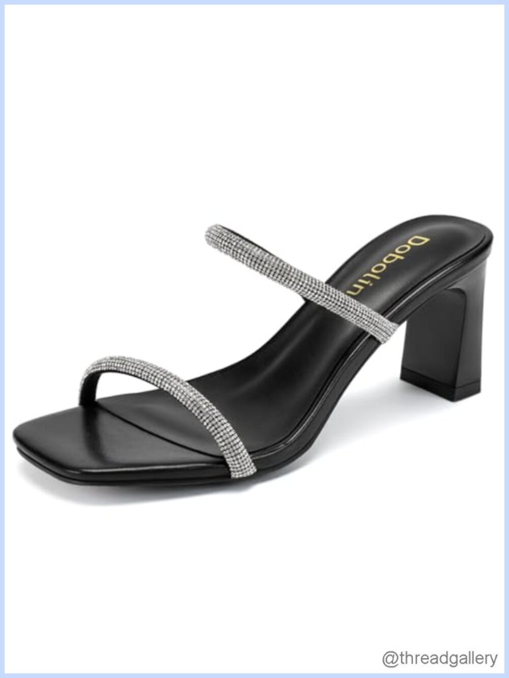 Rhinestone Block Heel Sandals Square Toe Two Strap Mules Slip On